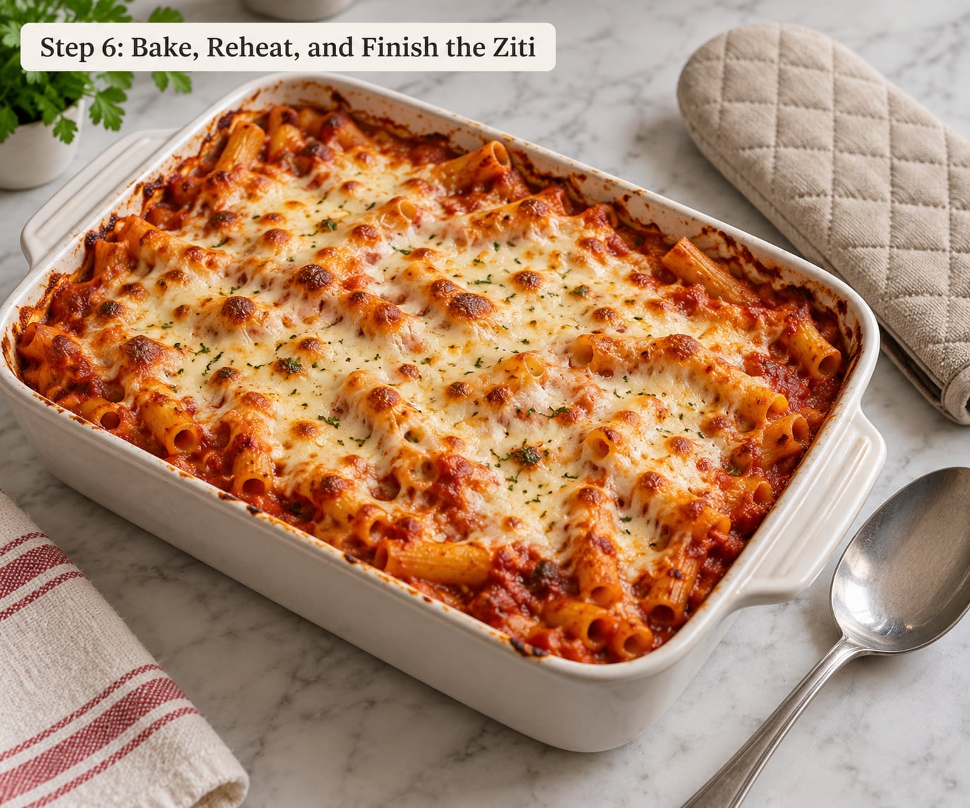 Step 6: Bake, Reheat, and Finish the Ziti