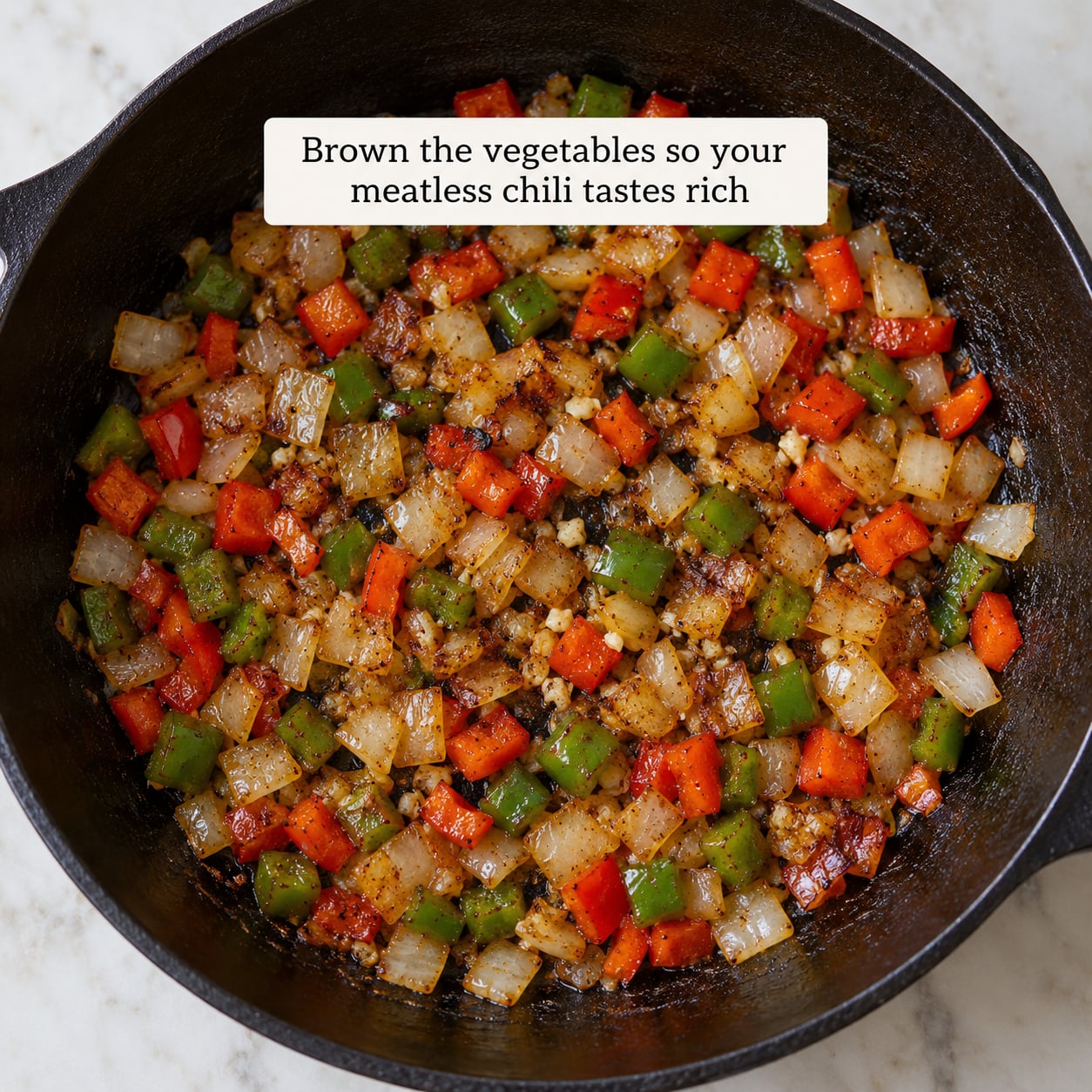 Brown the vegetables so your meatless chili tastes rich