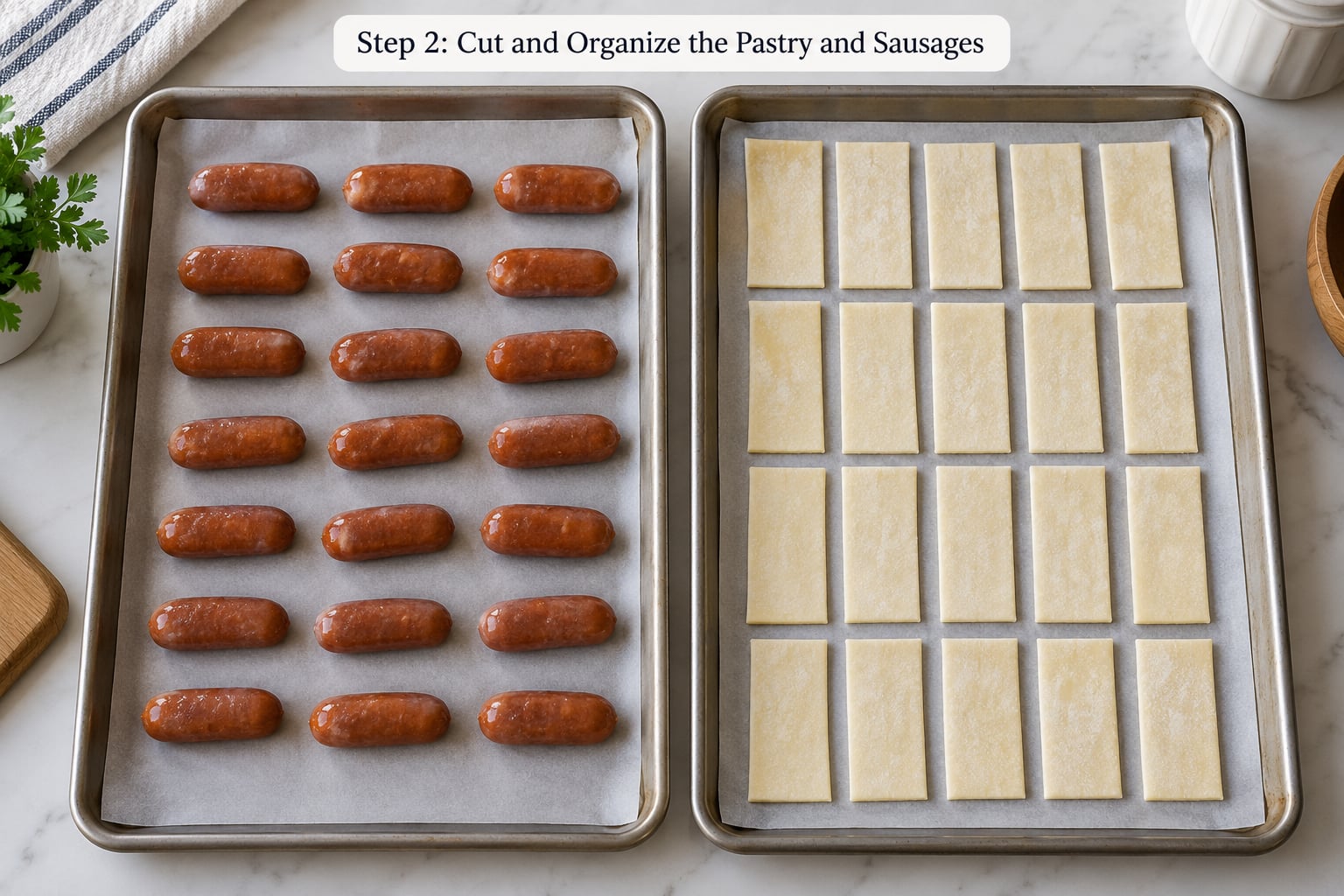 Step 2: Cut and Organize the Pastry and Sausages